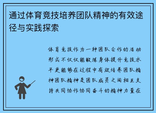 通过体育竞技培养团队精神的有效途径与实践探索